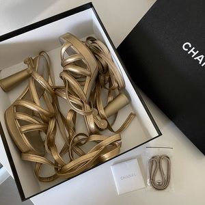 CHANEL Greek Gladiator Parthenon Metallic Leather Wrap Platform Sandal Heel 37.5